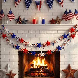 lot 20079 image: Gilprop 4.92 ft 4th of July Decorations Patriotic Garland Wooden Beads Banner with Velvet Stars White Red Blue Beaded Decor for 250th Anniversary 4th of July Decoration for Wall Mantle