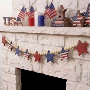 lot 20100 image: Qunclay 5.1ft 4th of July Patriotic Wooden Beads Garland with Star Charms USA Flag Wood Bead Garland Banner Rustic Independence Day Red White Blue Beaded for 250th Anniversary Fireplace Wall(Usa Star)