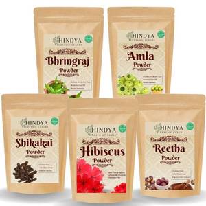 lot 20103 image: Hindya Ayurvedic Luxury Amla Reetha Shikakai, Bhringraj and Hibiscus Powder for Hair (Pack of 5, 50g each, Total 250g Pack)