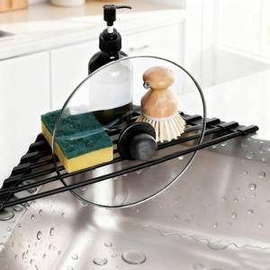 lot 20428 image: Credon Triangle Roll Up Dish Drying Rack, Foldable Anti-Slip Kitchen Sink Drainer Organizer, Silicone Coated Stainless Steel Frame, Multipurpose Over Sink Corner Caddy for Space Saving (Black)