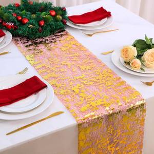 lot 20475 image: Snowkingdom 2Pcs Gold Table Runner, 11108 Inch Red and Gold Sequin Glitter Foil Metallic Thin Mesh Table Runner, Sparkle Centerpiece for Wedding Party Birthday Holiday Kitchen Dinner Decoration