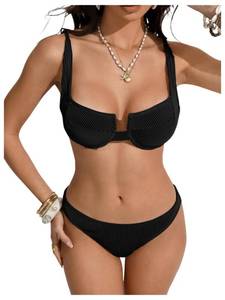lot 20493 image: SweatyRocks Womenfts 2 Piece Bikini Set Striped Print Spaghetti Strap Push Up Swimsuit Solid Black Small