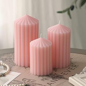 lot 11287 image: Pink Ribbed Pillar Candles Set of 3