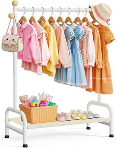 lot 1813 image: Sakugi Clothes Rack - Sturdy Metal Kids Clothing Rack with Bottom Storage Shelf and Adjustable Feet, Dress Up Storage for Toddlerfts Bedrooms, Nurseries, Playrooms, 31in x 12.5in x 47.8in, White