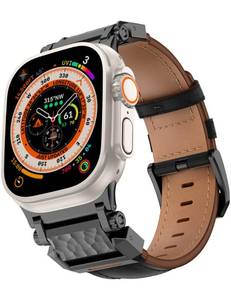 lot 2002 image: Crodi Leather Band Compatible with Apple Watch Bands 49mm 46mm 45mm 44mm Men, Top Genuine Leather Luxury Designer Metal Connector Strap for iWatch Ultra Series 1110987SE654321, Black