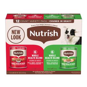lot 2048 image: Nutrish Whole Health Blend Chunks in Gravy Variety Pack Wet Dog Food, 13 oz. Can, 12 Count (Rachael Ray)