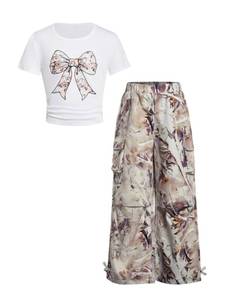 lot 2072 image: RoseSeek Girlfts 2 Piece Summer Outfits Short Sleeve Ruched Basic Tess and Camo Cargo Pants Sets Trendy White Camouflage 12Y