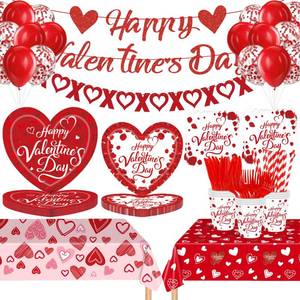 lot 2133 image: Heart Shaped Plates and Napkins Set - 32 Pcs Red and White Pattern Party Supplies for Motherfts Day, Wedding, Anniversary, Bridal Shower - Disposable Paper Tableware Serves 16