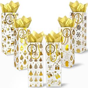 lot 2156 image: EQOREIIN 12 Pack Christmas Wine Bags, 14in x 4.7in x 3.95in Gold Foil Gift Bags for Wine Bottles with 12 Sheets Tissue Paper and 12 Hang Tags, Holiday Party Favor Packaging for Christmas, New Year, Thanksgiving