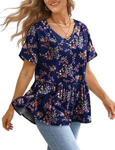 lot 2401 image: YESNO Womenfts Summer Tops Casual V Neck Babydoll Blouses Floral Short Sleeve Peplum Shirts L TH2 CR030