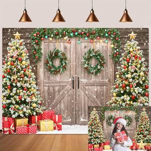lot 2404 image: Retyshia Christmas Backdrop for Photography 7x5Ft Winter Scene with Tree Christmas Photo Backdrop Party Derorations Rustic Barn Wood Door Family Xmas Holiday Party Wall Decor 82X59inch