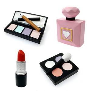lot 4309 image: MEMOVAN Makeup Cake Topper 4 Pack, Resin Cosmetics Lipstick Perfume Bottle Eye Shadow Blush Make up Cake Decorations for Bridal Shower Bachelorette Girl Women Spa Salon Themed Birthday Party Supplies