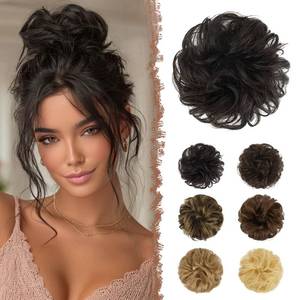 lot 4369 image: FESHFEN 100percent Human Messy Bun - Human Hair Bun Real Elastic Scrunchies Hair Pieces Soft Fluffy Wavy Ponytail Extensions Updo Chignon Hairpieces for Women, Dark Brown