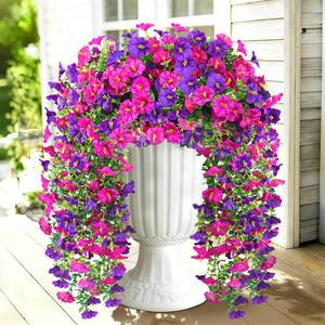 lot 4372 image: Artificial Hanging Flowers for Outdoors, 2 PCS 300 Blooms UV Resistant Morning Glory Faux Silk Vines, No-Odor Realistic Fake Plants for Garden Planter Porch Patio Decoration, Fuchsia and LightPurple