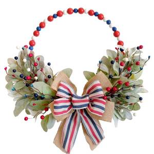 lot 9422 image: TEMPUS 4th of July Independence Day Wreath Red, White and Blue Wooden Bead Berries Wreath Lambs Leaves Ring Wreath 16 inch Patriotic Decorations for Front DoorMemorial Day Flag Day Veterans Day