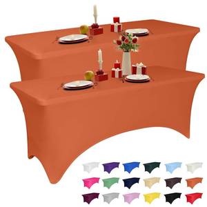 lot 9426 image: 2 Pack 6 Feet Orange Spandex Tablecloth for Rectangular Tables, Fitted and Stretch, Washable, Wrinkle Resistant, Perfect for Event, Wedding, Party, Banquet, Cocktail, Festival, and Table Protector
