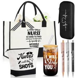 lot 9436 image: Funnymoom Nurse Appreciation Gifts for Women Canvas Bag 16 oz Can Shaped Glass Cup with Lid and Straw Nursing Ballpoint Pens Makeup Bag Stethoscope Case(Blue,Nurse Gifts)