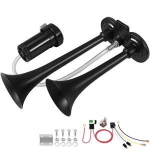 lot 9443 image: BANHAO Train Horn for Truck 150db Super Loud Truck Air Horn for Car with Compressor, Suitable for Any 12V Vehicles Train Car Ship Boat Lorry (12V, Black 2 tube horns with wire)