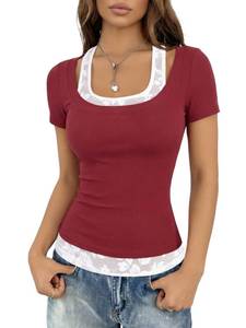 lot 10125 image: Rooscier Womenfts Ribbed Lace Trim Scoop Neck Short Sleeve Slim Fit Going Out Shirts Wine Red Medium