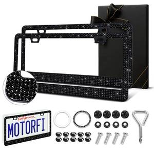lot 18072 image: Motorfi 2 Pack Black Bling License Plate Frames for Women - Stainless Steel with Diamond Sparkly Rhinestone License Plate Holders - Perfect Birthday for Auto Lovers