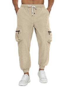 lot 18074 image: APTRO Mens Corduroy Pants Cargo Casual Trousers Baggy Tapered Elastic Waist Joggers with Drawstring and Zipper Pockets DXR03 Khaki XL