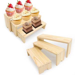 lot 19005 image: Varbonia Wood Display Risers Set - 2 x 3-Tier Rectangular Stands, Layered Aesthetic Shelves for Cupcakes, Jewelry, Craft Displays, Ideal for Funko Pops, Tabletop Exhibits (natural wood, 6 Pack)