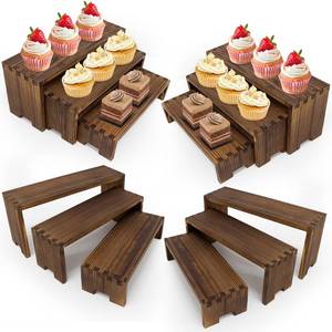 lot 19066 image: Wood Display Risers Set - 2 Set Large Wooden Tiered Riser Display Stands, Layered Aesthetic Shelves for Cupcakes, Jewelry, Craft Displays, Ideal for Funko Pops, Tabletop Exhibits (carbonized, 6 Pack)