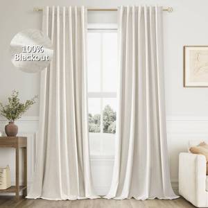 lot 19081 image: Cream 100percent Blackout Linen Curtains 96 Inch Length Ceiling to Floor 2 Panels 8 FT for Living Room Bedroom Back Tab Thermal Insulated Black Out Drapes Room Darkening Window Curtain Ivory Natural Beige