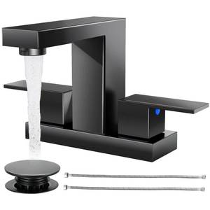 lot 19098 image: Cobbe Bathroom Faucets for Sink 3 Hole, Matte Black Bathroom Sink Faucet Square 4 Inch Centerset with Pop-Up Drain, 2 Handle and 2 Supply Hoses, Lead-Free Stainless Steel for Vanity, Rv, Farmhouse
