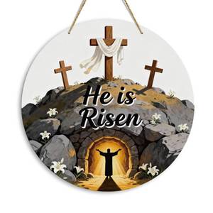 lot 20143 image: He Is Risen Easter Day Decorations Round Wooden Sign Religious Christian Easter Gifts for Women Men Family Friends He Is Risen Sign for Home Farmhouse Office Door Wall 12 x 12 Inches