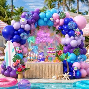 lot 20179 image: Blue Balloon Arch Kit, Royal Light Blue Confetti Macaron Pink Purple Birthday Balloons with Palm Leaves for Princess Girl Birthday Decorations Baby Shower Graduation Summer Tropical Party Supplies
