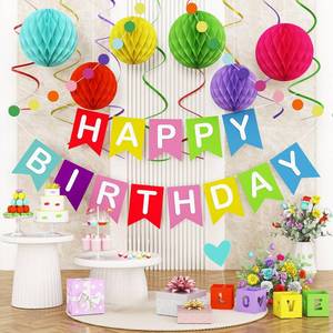 lot 20191 image: Colorful Birthday Decorations,Happy Birthday Banner with Honeycomb Balls,Circle Dots Garland,Hanging Swirls Streamers for Women Men Boys Girls Rainbow Happy Birthday Party Decorations