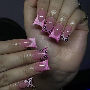 lot 20195 image: 24Pcs Pink French Press on Nails Short Duck Fake Nails Nude False Nails Press ons with Leopard Print Frenchs Design Glossy Nail Tips Full Cover Acrylic Glue on Nails for Women