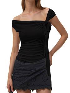 lot 20224 image: FIGKICKSEN One Off The Shoulder Tops for Women Going Out Summer Bow Knot Asymmetrical Tie Ruched Trendy Y2k Slim Fit Tops Black XL