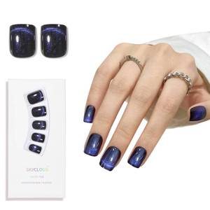 lot 20257 image: Dark Blue Track Cat Eyes Press On Nails,12 Sizes - 24 Pcs Soft Gel Short Blue Black Square Fake Nails Kit with Nail Glue, Natural Reusable Stick On False Nails for Women and Girls SK1001