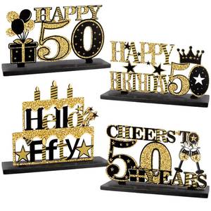lot 20270 image: FASOTY 50th Birthday Table Decorations 4 Pcs Black Gold 50th Birthday Wooden Table Centerpieces Decor for 50 Year Old Men Women Birthday Party
