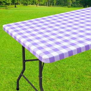 lot 20318 image: Smiry Rectangle Picnic Table Cloth, Elastic Waterproof Fitted Vinyl Tablecloths, Flannel Backed Buffalo Plaid Table Covers for Dining, Camping, Outdoor (White and Purple, 30in x 96in) (Used, Cosmetic Damage)