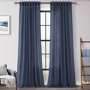lot 20348 image: Navy Blue Curtains 105 inch Length for Bedroom Back Tab Light Filtering Semi Sheer Blue Living Room Curtains Linen Cotton Textured Indigo Blue Drapery Panel Modern Farmhouse Aesthetic Decor Dark Blue