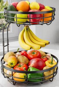 lot 20360 image: Sakugi Fruit Basket for Kitchen Counter - 2-Tier Large Capacity Fruit Bowl with Detachable Banana Hanger, Rust-Proof Metal Fruit Holder for Vegetables, Bread, Toiletry,10in D x 10in W x 14in H, Black