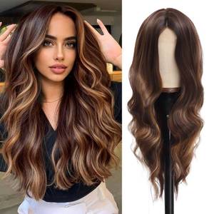 lot 2153 image: Mairead Long Brown Highlight Wavy Wig Curly Synthetic Lace Front Wigs for Black Women Long Middle Part Glueless Wig 26 Inch Body Wave Wig Natural Looking for Daily Party Use