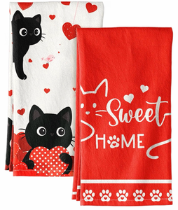 lot 2184 image: Valentine Day Kitchen Towels Set of 2 - Flour Sack Tea Towels with Hanging Loop 18x26 Inch Sweet Home Hand Dish Cloths Red Hearts Cats Absorbent Reusable Dishcloths Cute Valentine Decor&nbsp