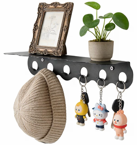 lot 2192 image: 6-Hook Floating Wall Shelf, Heavy Duty &amp Waterproof Black Metal, Modern Wall Rack for Keys, Hats, Wallet&nbsp Perfect for Bathroom, Entryway, Bedroom (2 Pack)