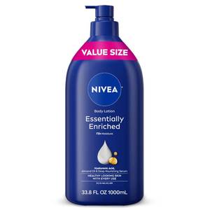 lot 2201 image: NIVEA Essentially Enriched Body Lotion for Very Dry Skin with Hyaluronic Acid, Almond Oil and Deep Nourishing Serum, 72-Hour Body Moisturizer, 33.8 Fl Oz Value Size Pump Bottle - Retail $11