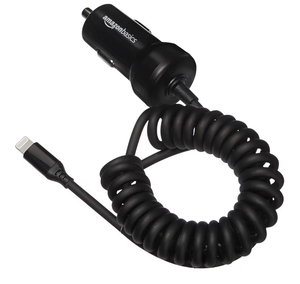 lot 2202 image: Amazon Basics 12W (5V, 2.4A) Fast Car Charger with Coiled Lightning Cable, MFi Certified for iPhone, iPad and Apple Devices, 1.5 ft, WHITE - Retail $5