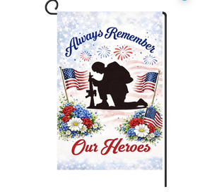 lot 2205 image: Memorial Day Garden Flag 12x18 Inch Double Sided Always Remember Our Heroes, US 250 Anniversary 1776-2026 Patriotic Soldier Silhouette Yard Flag for 4th of July Outdoor Decor - Retail $9