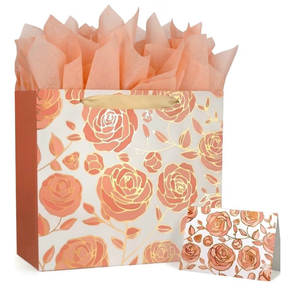lot 2227 image: 2 pack DecorWoo Rose Gold Large Gift Bag 13, Floral Gift Bag with Tissue Paper &amp Greeting Card, Elegant Birthday Gift Bags for Women, Bridal Shower, Mothers Day, Anniversary