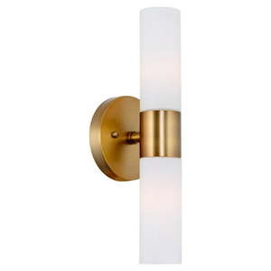 lot 2229 image: Kira Home Duo 14  Modern Wall Sconce with Frosted Glass Cylinder Shades  Linear 2-Light Wall Light  Warm Brass Finish - Retail $95