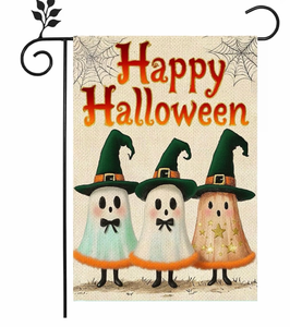 lot 2247 image: Happy Halloween Flag 12x18 Inch,Three Cute Ghosts Yard Flags Burlap Double Sided for Halloween Farmhouse Holiday Yard Seasonal Outdoor Outside Decoration&nbsp
