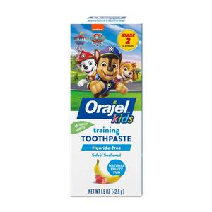 lot 2251 image: Orajel Kids Paw Patrol Fluoride-Free Training Toothpaste, Natural Fruity Fun Flavor, #1 Pediatrician Recommended , 1.5oz Tube - Retail $4