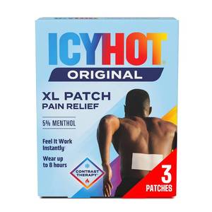 lot 2254 image: Icy Hot Original Pain Relief Patch, XL Size Comfortable Fabric Patches with Menthol 5%, Ice and Heat Contrast Therapy for Large Areas Including Backaches, Joints, Muscle Strains and Arthritis, 3 ct. - Retail $7